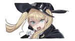  1girl ascot black_hat blonde_hair blue_eyes earrings hat jewelry long_hair open_mouth portrait project:anemone simple_background solo teshima_nari twintails white_ascot white_background 