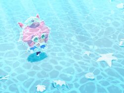  1other alternate_costume androgynous aqua_eyes b4c5ce blue_cape blurry blush bokeh cape chibi chibi_only commentary_request cookie_run cookie_run:_kingdom depth_of_field full_body fur-trimmed_cape fur_trim hat highres official_style other_focus pink_hair sailor_hat seashell shell short_hair solo standing starfish strawberry_crepe_cookie underwater water 