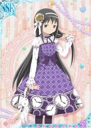  1girl :o akemi_homura alternate_costume argyle_clothes argyle_dress artist_request beads black_hair bow bowtie buttons card_(medium) clock_print collared_shirt commentary_request cowboy_shot creature dot_nose dress dress_shirt expressionless frilled_dress frilled_shirt_collar frilled_sleeves frills gear_hair_ornament gear_print hair_bow hair_flip hairband hand_in_own_hair holding holding_creature juliet_sleeves kyubey lace light_blush long_hair long_sleeves looking_at_viewer mahou_shoujo_madoka_magica mahou_shoujo_madoka_magica_plus medium_dress official_art orange_background parted_lips puffy_sleeves purple_bow purple_bowtie purple_dress shirt sleeves_past_wrists solo sparkle standing straight_hair strapless strapless_dress striped_background very_long_hair violet_eyes waist_bow white_bow white_hairband white_shirt 