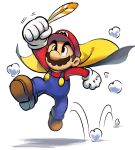  1boy blue_overalls boots brown_footwear brown_hair cape clenched_hands facial_hair feathers full_body gloves highres holding holding_feather jumping looking_at_object mario mario_&amp;_luigi_rpg masanori_sato_(style) mustache overalls red_hat red_shirt shirt short_hair simple_background solo super_mario_bros. white_background white_gloves ya_mari_6363 yellow_cape 