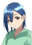  1girl absurdres blue_hair commentary_request earrings green_hoodie hair_between_eyes highres hood hood_down hoodie jewelry looking_at_viewer love_live! love_live!_superstar!! orange_eyes parted_lips portrait s_sho_mkrn short_hair single_sidelock solo upper_body wakana_shiki white_background 