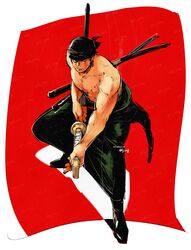  1boy bandana black_bandana closed_mouth commentary_request earrings fujisee full_body green_kimono highres holding holding_sword holding_weapon japanese_clothes jewelry kimono looking_at_viewer male_focus one_eye_closed one_piece red_background roronoa_zoro solo stitched_torso stitches sword topless_male twitter_username weapon 