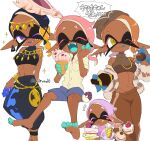  baggy_pants beanie black_hair box box_of_chocolates cake chocolate colored_eyelashes colored_tongue crop_top dark-skinned_female dark_skin food frye_(splatoon) hat ice_cream ice_cream_cone inkling jewelry kiirono midriff necklace pants pink_hair pointy_ears short_eyebrows splatoon_(series) splatoon_3 tentacle_hair yellow_eyes 