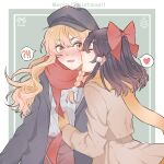  !? 2girls black_hair black_hat black_jacket blonde_hair blush brown_coat brown_gloves coat commentary ear_blush gloves green_background hakurei_reimu heart hitte5416 jacket kirisame_marisa kiss kissing_cheek long_hair medium_hair merry_christmas mittens multiple_girls parted_lips red_scarf scarf shirt smile spoken_heart spoken_interrobang sweatdrop touhou upper_body white_shirt yellow_eyes yellow_scarf yuri 