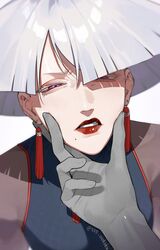  1girl a.k.i._(street_fighter) chinese_clothes earrings hair_over_one_eye impossible_hair jewelry looking_at_viewer pink_eyes red_lips short_hair sss_ookoku street_fighter street_fighter_6 tassel tassel_earrings white_hair 