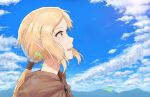  1girl :o absurdres brown_eyes clouds day highres lens_flare long_hair mountainous_horizon nora_arento outdoors ponytail profile sidelocks solo spice_and_wolf wind xvii 