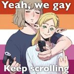  2girls aiming aiming_at_viewer blonde_hair blush bright_pupils closed_eyes closed_mouth commentary dungeon_meshi elf english_commentary english_text facing_viewer falin_touden flag_background green_eyes grey_shirt gun handgun holding holding_gun holding_weapon image_macro_(meme) koifee lesbian_flag long_hair looking_at_viewer marcille_donato meme middle_finger multiple_girls pointy_ears shirt short_sleeves small_sweatdrop smile t-shirt upper_body weapon white_pupils yeah_we_gay_keep_scrolling_(meme) yuri 