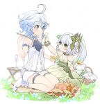  2girls :t ahoge arm_up artist_name ascot bare_shoulders basket black_ascot blanket blue_bow blue_eyes blue_hair blush bow bracelet cake candied_ajilenakh_nut_(genshin_impact) champagne_flute closed_mouth commentary_request cross-shaped_pupils cup dress drinking_glass drinking_straw drop-shaped_pupils eating eyelashes flower food food_on_face fork fruit furina_(genshin_impact) genshin_impact gradient_hair grass green_dress green_eyes green_hair green_sash hair_between_eyes hair_ornament hand_up highres holding holding_fork jewelry leaf_hair_ornament long_hair looking_at_another multicolored_hair multiple_girls nahida_(genshin_impact) napkin parted_bangs pastry picnic_basket pointy_ears sash shirt short_hair short_shorts shorts side_ponytail sidelocks simple_background sitting sleeveless sleeveless_dress sleeveless_shirt smile socks strawberry streaked_hair swept_bangs symbol-shaped_pupils table tablecloth thigh_strap toro_astro twitter_username wariza white_background white_flower white_hair white_shirt white_shorts white_socks wide-eyed 