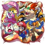  1girl 4boys blonde_hair blue_eyes bowser brown_hair cape crown dress facial_hair geno_(mario) gloves hat highres jewelry long_hair mallow_(mario) mario multiple_boys mustache open_mouth princess_peach smile solo super_mario_bros. super_mario_rpg user_gnfv7452 