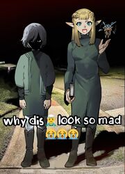  1boy 1girl :d black_eyes blonde_hair blue_eyes boots crying_emoji dungeon_meshi elf emoji english_text face_in_shadow fairy fairy_(dungeon_meshi) full_body gapamopa grey_hair half_up_braid hand_up highres knee_boots lazy_eye long_hair long_sleeves looking_at_viewer meme mithrun night outdoors pattadol photo_background pointy_ears shade shadow short_hair sidewalk smile standing tunic uneven_eyes wavy_hair why_dis_ninja_look_so_mad_(meme) 