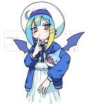  1girl azmira1534815 blonde_hair blue_hair blue_jacket blush_stickers finger_to_own_chin hat highres jacket lil-la_(yu-gi-oh!) live_twin_lil-la looking_at_viewer multicolored_hair neck_ribbon ribbon shirt solo stuffed_animal stuffed_shark stuffed_toy two-tone_hair violet_eyes white_shirt wings yu-gi-oh! 