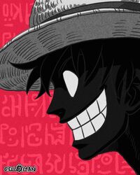  1boy artist_name barbarvsah black_hair clenched_teeth empty_eyes from_side hat instagram_username joy_boy_(one_piece) male_focus one_piece short_hair smile solo straw_hat teeth 