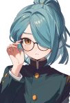 1boy adjusting_eyewear androgynous aqua_hair bespectacled black-framed_eyewear black_shirt brown_eyes buttons dot_nose ebi_(shrimp_eleven) facing_viewer furrowed_brow gakuran glasses hair_intakes hair_over_one_eye hair_tie hand_up inazuma_eleven_(series) layered_clothes looking_ahead male_focus medium_hair parted_lips ponyta ponytail portrait school_uniform shirt simple_background solo sweatdrop white_background