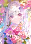 1girl absurdres blue_hair bouquet dappled_sunlight flower foliage fuzichoco highres holding holding_bouquet leaf lize_helesta looking_at_viewer multicolored_hair nijisanji pink_flower portrait smile solo sunlight violet_eyes virtual_youtuber white_flower white_hair 