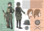  1girl ammunition_pouch backpack bag bayonet bedroll black_bag black_footwear bolt_action boots breast_pocket breeches brown_eyes brown_hair buttons canteen character_profile closed_mouth combat_helmet commentary commission english_text flag_background freckles from_behind full_body gaiters green_jacket green_pants gun gun_sling hair_between_eyes helmet highres holding holding_gun holding_weapon ireland irish_army irish_flag jacket lee-enfield load_bearing_equipment long_hair long_sleeves looking_at_viewer low_ponytail medal military military_jacket military_uniform mrxinom multiple_views original pants pocket ponytail pouch reference_sheet rifle shoulder_boards simple_background smile soldier stahlhelm standing turnaround uniform weapon world_war_ii 