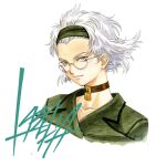  brown_choker character_name chin choker coat collar collarbone crack cracked_glass cropped_shoulders english_text glasses green_coat green_headband green_sleeves grey_eyes headband highres light_smile lobelia_carlini lone_nape_hair matsubara_hidenori neck nose official_art padlocked_choker rimless_eyewear round_eyewear sakura_taisen short_hair simple_background solo solo_focus third-party_source trench_coat very_short_hair white_background white_hair 