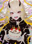  1girl birthday_cake black_horns blonde_hair borrowed_character cake commentary_request confetti fangs food gift_art hair_between_eyes hands_up highres holding holding_cake holding_food holding_plate horns jiz_(pffbq) long_hair looking_at_viewer open_mouth original plate red_eyes solo upper_body virtual_youtuber white_background 
