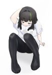  1girl absurdres black_hair black_pantyhose feet full_body highres inno legs no_shoes original pantyhose shirt short_hair simple_background sitting solo toes white_shirt 