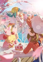  2girls :d ^_^ blue_hair blue_overalls bow brown_hair cabbie_hat cake cherrim cherrim_(sunshine) closed_eyes commentary cup drinking falling_petals food hat hat_bow highres holding holding_cup jacket krg_0603 kris_(pokemon) long_hair long_sleeves lyra_(pokemon) medium_hair multiple_girls open_mouth outdoors overalls petals pokemon pokemon_(creature) pokemon_gsc pokemon_hgss red_bow red_shirt shirt shorts smile symbol-only_commentary twintails white_hat white_jacket yellow_hat yellow_shorts 