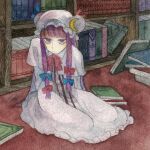  1girl :/ book bookshelf carpet crescent crescent_hat_ornament dress hat hat_ornament kz_m_i library long_hair looking_at_viewer mob_cap on_floor painting_(medium) patchouli_knowledge purple_hair sitting solo touhou traditional_media violet_eyes watercolor_(medium) 