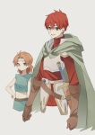  1boy 1girl adol_christin armor blue_eyes brown_gloves cape cropped_torso george_man gloves green_cape green_shirt grey_eyes hair_between_eyes hand_on_own_hip headband highres leather leather_gloves looking_at_viewer orange_hair redhead sheath sheathed shirt short_hair simple_background sleeveless sleeveless_shirt sword terra_(ys) weapon white_background ys ys_v:_kefin_the_lost_city_of_sand 