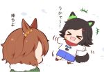  &gt;_&lt; +++ 2girls :d animal_ears black_hair blue_shorts brown_hair chibi closed_eyes english_text fur-trimmed_hood fur_trim gomashio_(goma_feet) green_jacket hair_ornament hairclip hood hood_down hooded_jacket horse_ears horse_girl horse_print horse_tail jacket long_sleeves lying multiple_girls narita_taishin_(umamusume) on_back outstretched_arms print_shirt shirt shorts sleeves_past_wrists smile snow snow_angel spread_arms swept_bangs tail translation_request umamusume white_shirt winning_ticket_(umamusume) xd 