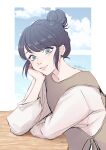  1girl blue_eyes blue_hair blue_sky chigico_u closed_mouth clouds cloudy_sky earrings hair_bun hand_on_own_chest highres jewelry light_blush looking_at_viewer marinette_dupain-cheng miraculous_ladybug shirt sky smile solo table upper_body white_shirt 