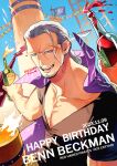 1boy absurdres alcohol beard_stubble benn_beckman black_shirt blue_sky bottle cape character_name dated day earrings english_text facial_hair grey_eyes happy_birthday highres jewelry jolly_roger long_hair looking_at_viewer male_focus mast momoh_jiyucho one_piece open_mouth outdoors purple_cape scar scar_on_face shirt short_sleeves signature sky solo_focus stubble tankard toasting_(gesture) white_hair wine_bottle 
