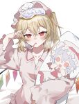  1girl alternate_costume ascot bed_sheet blonde_hair blue_hair blush chibi collared_shirt commentary crystal dakimakura_(object) dress flandre_scarlet hand_up highres ice_pack liquid-in-glass_thermometer multicolored_wings pajamas pillow pink_hat pink_shirt red_ascot red_eyes remilia_scarlet shirt short_hair sick side_ponytail simple_background sorani_(kaeru0768) thermometer touhou white_background white_dress white_hat wings 