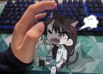  1girl 1other ahkk_0513 angry animal_ears artist&#039;s_hand_in_frame bang_dream! bang_dream!_it&#039;s_mygo!!!!! belt black_footwear black_shirt blue_skirt blush brown_belt brown_hair cat_ears cat_girl cat_tail chibi commentary_request computer_keyboard fang hair_between_eyes jacket kemonomimi_mode long_hair mini_person mole mole_under_eye one_eye_closed open_clothes open_jacket open_mouth photo_background puff_of_air shadow shiina_taki shirt sitting skirt tail teeth upper_teeth_only violet_eyes white_jacket 