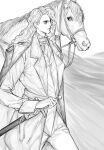  1boy ascot bishounen buttons cape chinese_commentary coat collared_coat commentary_request cowboy_shot greyscale hand_on_hilt highres horse interview_with_a_vampire lapels lestat_de_lioncourt_(interview_with_a_vampire) lipstick long_hair long_sleeves looking_ahead makeup male_focus monochrome notched_lapels open_clothes open_coat pants realistic reins sheath sheathed shirt simple_background solo suit sword thick_eyebrows vest walking wavy_hair weapon white_background zhishi_(itsme948) 