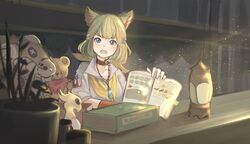  1girl animal_ears bell blonde_hair blue_eyes blush book bookmark brown_collar cat_ears collar dalimao eyebrows_hidden_by_hair final_fantasy final_fantasy_xiv gameplay_mechanics highres jewelry jingle_bell khloe_aliapoh light_particles looking_at_viewer miqo&#039;te oil_lamp open_book open_mouth pendant plant potted_plant shadow shirt short_hair sitting solo stuffed_animal stuffed_toy teddy_bear upper_body white_shirt 