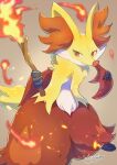  absurdres animal_ear_fluff brown_background commentary_request delphox fire furry highres holding holding_stick leaning_forward orange_eyes pokemon pokemon_(creature) red_fur signature simple_background snout standing stick tanpakuroom white_fur yellow_fur 