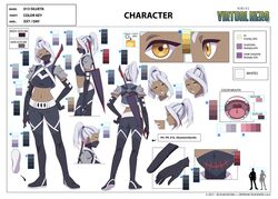  1girl 2018 belt boots closed_umbrella covered_mouth dark-skinned_female dark_skin hand_on_own_hip lipstick makeup mask mouth_mask official_art reference_sheet short_sleeves silueta_(virtual_hero) solo umbrella virtual_hero weapon weapon_on_back white_hair white_lips yellow_eyes 