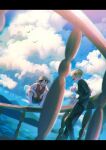  2boys :d against_fence blue_sky blurry cigarette depth_of_field feet_out_of_frame fence from_below grin happy highres male_focus mg_choco826 monkey_d._luffy multiple_boys one_piece sanji_(one_piece) short_hair sky smile squatting suit talking 