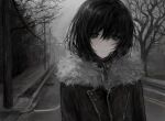  1girl absurdres bare_tree chan8016 closed_mouth coat empty_eyes fog fur-trimmed_jacket fur_trim greyscale highres jacket looking_at_viewer monochrome original overcast road sad sky solo spot_color street traffic_light tree winter_clothes winter_coat 