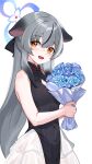  1girl animal_ears black_dress black_hair blue_archive blue_flower blue_halo blush bouquet breasts dress flower grey_hair halo highres holding holding_bouquet jamgom kokona_(blue_archive) long_hair looking_at_viewer multicolored_hair open_mouth orange_eyes simple_background sleeveless sleeveless_dress small_breasts smile solo streaked_hair striped_clothes striped_dress tiger_ears vertical-striped_clothes vertical-striped_dress white_background 