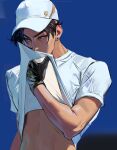  1boy arm_up artist_name baseball_cap biceps black_gloves black_hair blue_background chadetteisgiga clothes_pull covering_own_mouth cropped_arm ear_piercing earrings gloves hand_on_own_face hat highres jewelry male_chest male_focus piercing pulling_own_clothes sato_kenji shirt simple_background single_earring solo toned toned_male ultraman ultraman:_rising upper_body violet_eyes white_baseball_cap white_shirt 