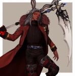  1boy absurdres animal_ears belt black_pants black_shirt braid commission dark_skin earrings emo37337640 fur-trimmed_jacket fur_trim glowing glowing_eyes grey_hair highres holding holding_hands holding_scythe jacket jewelry long_hair long_sleeves looking_at_viewer male_focus open_clothes open_jacket original pants rabbit_ears red_eyes red_jacket scythe shirt skeb_commission 