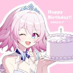  1girl bare_shoulders birthday birthday_cake blue_eyes blue_hair cake candle chi_ka chinese_commentary colored_tips commentary english_text food highres honkai:_star_rail honkai_(series) looking_at_viewer march_7th_(dress)_(honkai:_star_rail) march_7th_(honkai:_star_rail) medium_hair multicolored_hair official_alternate_costume one_eye_closed open_mouth outline pink_background pink_eyes pink_hair smile solo teeth tiara upper_teeth_only white_outline 