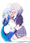  2girls absurdres black_shirt blue_hair blue_skirt blunt_bangs blush collared_shirt fins fish_tail gawr_gura gawr_gura_(school_uniform) grey_hair grey_skirt hair_bobbles hair_ornament hairclip highres hololive hololive_english hug kiss long_hair making-of_available medium_hair miniskirt multicolored_hair multiple_girls murasaki_shion murasaki_shion_(school_uniform) necktie no_shoes official_alternate_costume official_alternate_hairstyle one_side_up plaid plaid_skirt pleated_skirt purple_necktie rabbit_hair_ornament sailor_collar school_uniform shark_tail shirt short_sleeves simple_background sitting sitting_on_lap sitting_on_person skirt streaked_hair tail takapyon_higashi thigh-highs thigh_strap virtual_youtuber white_background white_sailor_collar white_shirt white_thighhighs yuri 