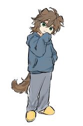  1boy animal_ears blue_hoodie brown_hair closed_mouth commentary_request dog_boy dog_ears dog_tail full_body gigantea_pp grey_pants hand_in_pocket highres hood hood_down hoodie isoi_reiji korean_commentary long_sleeves male_focus medium_hair pants saibou_shinkyoku simple_background sleeves_past_fingers sleeves_past_wrists slippers solo tail white_background yellow_footwear 