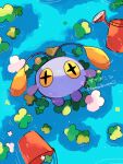  afloat animal_focus antennae artist_name blue_skin chinchou closed_mouth colored_skin commentary_request cross-shaped_pupils dot_mouth from_above hanabusaoekaki highres no_humans pokemon pokemon_(creature) symbol-shaped_pupils water watering_can yellow_eyes 