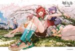  6+girls alternate_costume animal_ears anniversary arknights car character_request cherry_blossoms english_text eyepatch falling_petals medical_eyepatch motor_vehicle multiple_girls petals pointy_ears popukar_(arknights) sandals shoes sleeping sneakers socks spring_(season) tail tree vigna_(arknights) weedy_(arknights) xiayehongming 