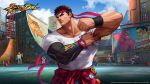  bandaid buttons clenched_hand clouds cloudy_sky edmond_honda flannel hakan headband highres holding holding_skateboard ladder muscular muscular_male official_alternate_costume official_art ollie_(skateboarding) ryu_(street_fighter) serious skateboard sky standing street_fighter traffic_cone watch watch 