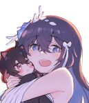  2girls :d ahoge animal_ears bare_shoulders black_hair blue_eyes blue_flower blue_hair blush bow cat_ears colored_inner_hair commentary crossed_bangs english_commentary expressionless flower hair_between_eyes hair_bow hair_flower hair_ornament highres honkai_(series) honkai_impact_3rd hug long_hair looking_at_viewer mini_person minigirl multicolored_hair multiple_girls open_mouth pawpads red_eyes redhead seele_(alter_ego) seele_vollerei seele_vollerei_(herrscher_of_rebirth) short_hair sidelocks simple_background smile teeth two-tone_hair upper_teeth_only velcozz white_background white_bow 