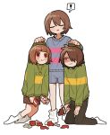  ! 3others :t =_= androgynous black_pants blue_shorts blue_sweater blunt_bangs brown_hair brown_shorts candy caught chara_(undertale) child chocolate chocolate_bar closed_eyes clothes_grab deltarune food food_on_face frisk_(undertale) full_body green_sweater hair_over_one_eye heart_pendant highres holding holding_food in-franchise_crossover kneeling kris_(deltarune) lifting_person long_sleeves multiple_others no_shoes one_eye_covered open_mouth other_focus pants red_eyes shaded_face short_hair shorts simple_background socks spoken_exclamation_mark standing sweater tadeno undertale white_background white_socks wrapping 