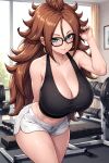  absurdres ai-generated android_21 black_nails blue_eyes breasts brown_hair crop_top dragon_ball earrings glasses highres huge_breasts jewelry long_hair shorts thick_thighs thighs workout_clothes 