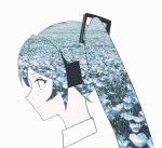  1girl closed_mouth collar double_exposure eyebrows_visible_through_hat flower from_side hatsune_miku head_only headphones highres light_smile long_hair multicolored_hair nemophila_(flower) photo_inset potetoneko profile vocaloid white_background 