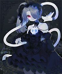  1girl absurdres bare_shoulders blue_hair blue_skin closed_mouth colored_skin detached_collar detached_sleeves dotcube hair_over_one_eye highres leviathan_(skullgirls) long_hair object_through_head red_eyes side_ponytail skirt skull skullgirls solo squigly_(skullgirls) stitched_mouth stitches zombie 